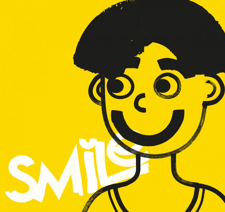 A drawing of a smiling child in black marker on a yellow background,the word Smile is in white bottom left