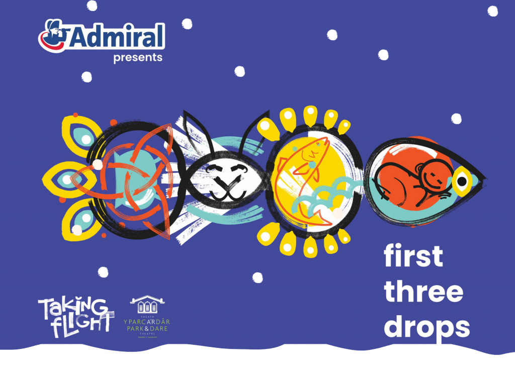 Artwork for the First Three Drops, given a wintery feel by the addition of some snow. A lovespoon featuring ellements from the story of Taliesin: a cauldron, a hare, a fish and a sleeping baby. Logos for sponsors Admiral, and producers Taking Flight & the Park and Dare