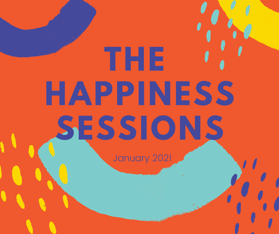 A graphic representing The Happiness Sessions, the words are in purple on a yellow background, with orange and purple smile type shapes and blue irregular dots on the bottom right