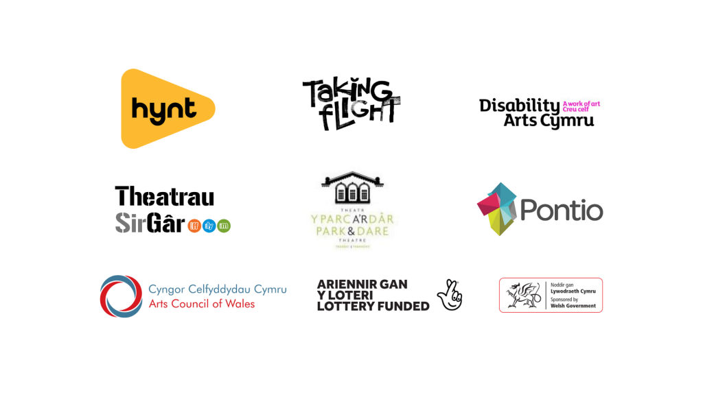 A selection of logos: Hynt, Taking FLight, Disability Arts Cymru, Theatrau Sir Gar, The Park & Dare, Pontio, Arts Council Wales, Lottery Funded and Welsh Government