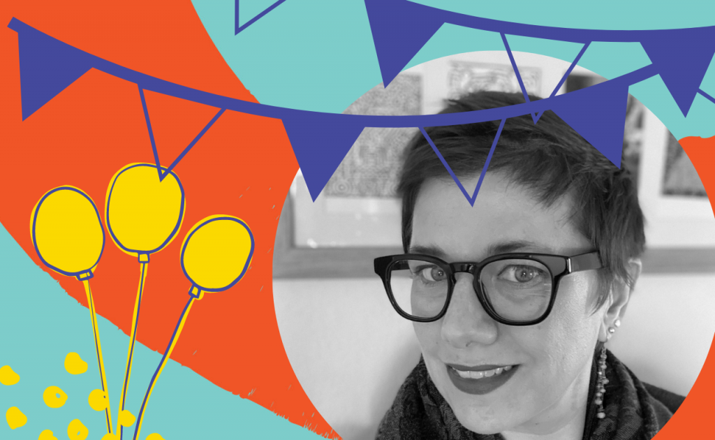 A brightly coloured graphic in Taking Flight's trademark orange, yellow, turquoise and purple, featuring balloons and bunting. In the corner is a b&w photo of a woman with short dark hair and glasses