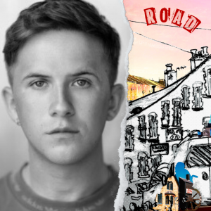 A headshot of a young man with short hair, he has a sad look about him. To the right is the word Road and a collage of Valley's houses and characters