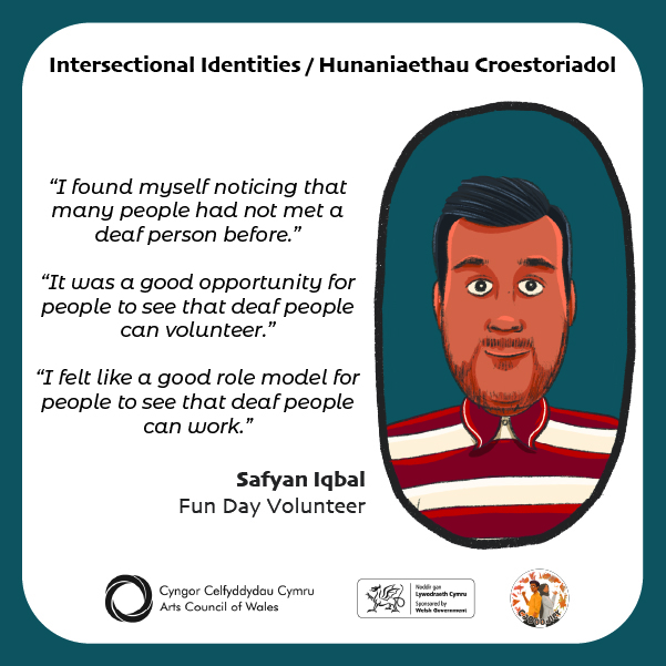 A bilingual infographic, Safyan Iqbal's response to volunteering at the Fun Day, an artist's illustration of him, a brown skinned man with short hair and a beard, sits to the right