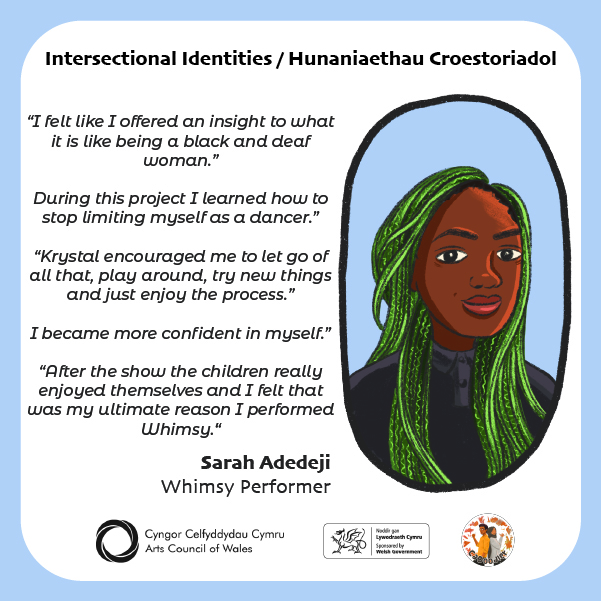 A bilingual infographic, Sarah Adedeji's response to beng involved in Whimsy, an artist's illustration of her, a black woman with long dark green braids, sits to the right