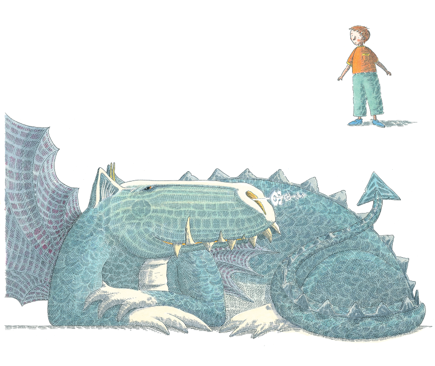 An illustration from the book You've Got Dragons, showing Ben, a child wearing an orange top and green trousers, nervously approaching a large dragon