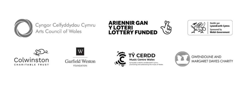 the logos for Ty Cerdd, Arts Wales, National Lottery, Welsh Government, Colwinston Charitable Trust & Gwendoline & Margaret Davies Foundation
