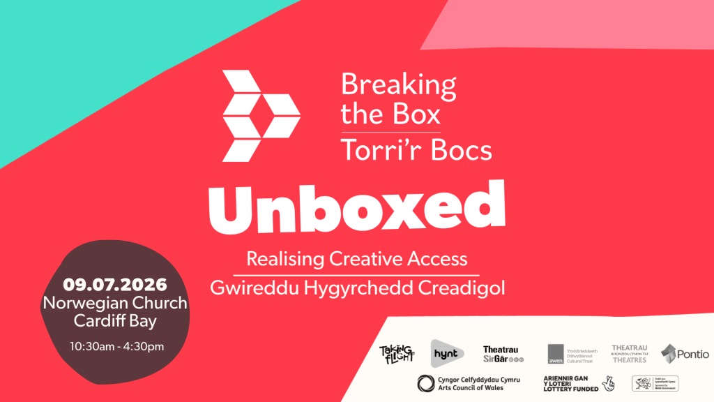 Breaking the Box: unboxed creative access. Red Background, with a black round spot stating 9th of Juy at the Norwegian Church - 10:30am until 4:30pm